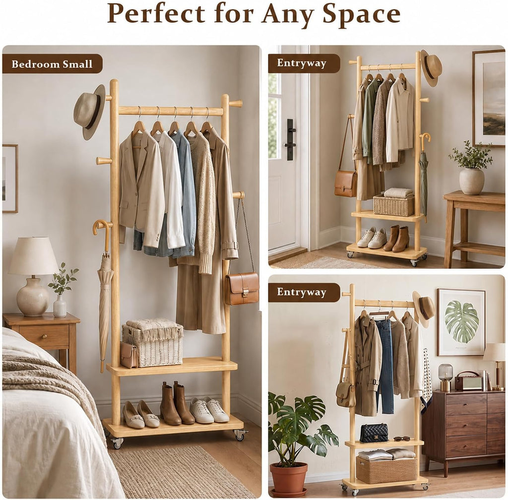 Taitiy Coat Rack Freestanding Clothing Rack with Wheels & 2 Shelves Storage & 5 Hooks Heavy Duty Clothes Rack Wood Coat Tree Stand Hat Hanger Rack for Corner Bedroom Entryway Living Room Hotel Size L