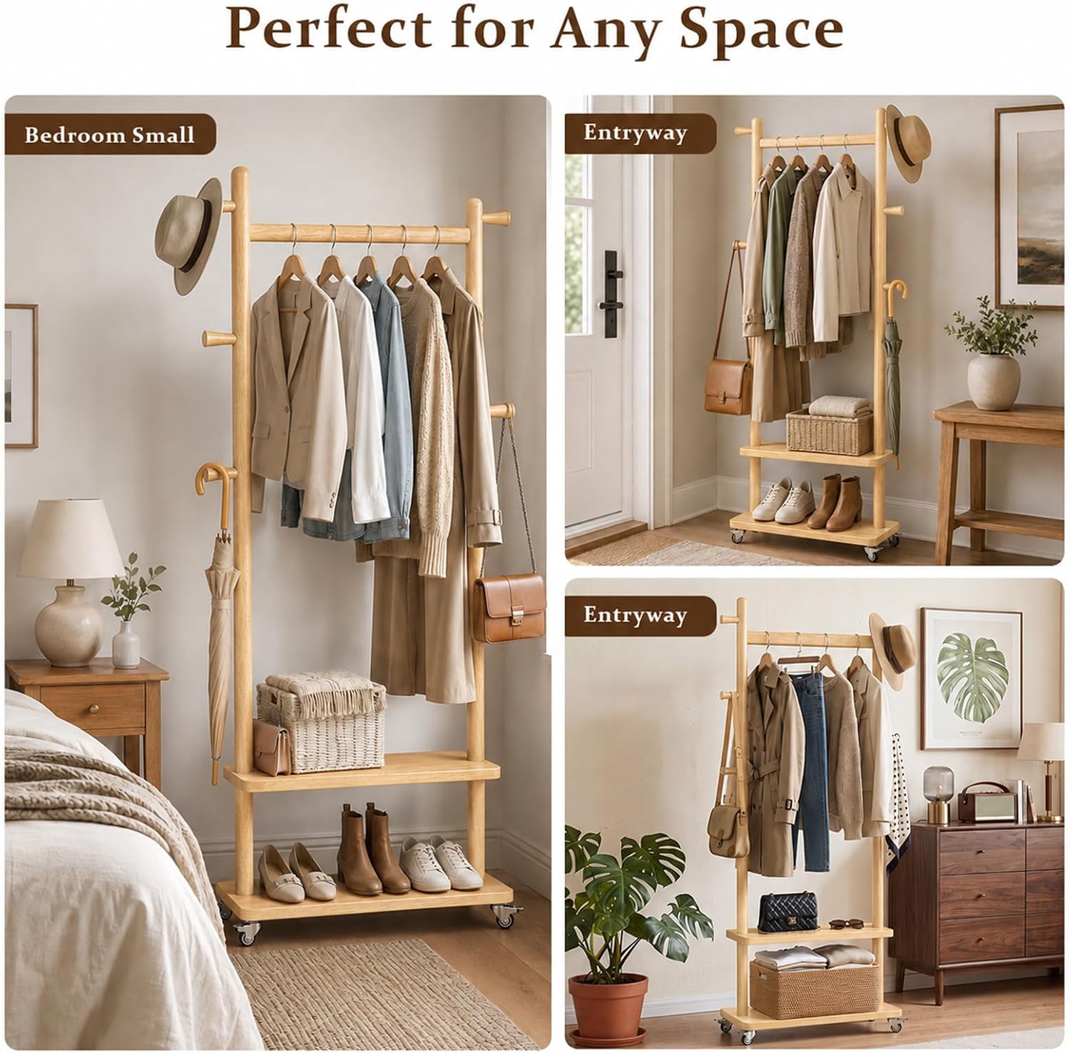 Taitiy Coat Rack Freestanding Clothing Rack with Wheels & 2 Shelves Storage & 5 Hooks Heavy Duty Clothes Rack Wood Coat Tree Stand Hat Hanger Rack for Corner Bedroom Entryway Living Room Hotel Size L