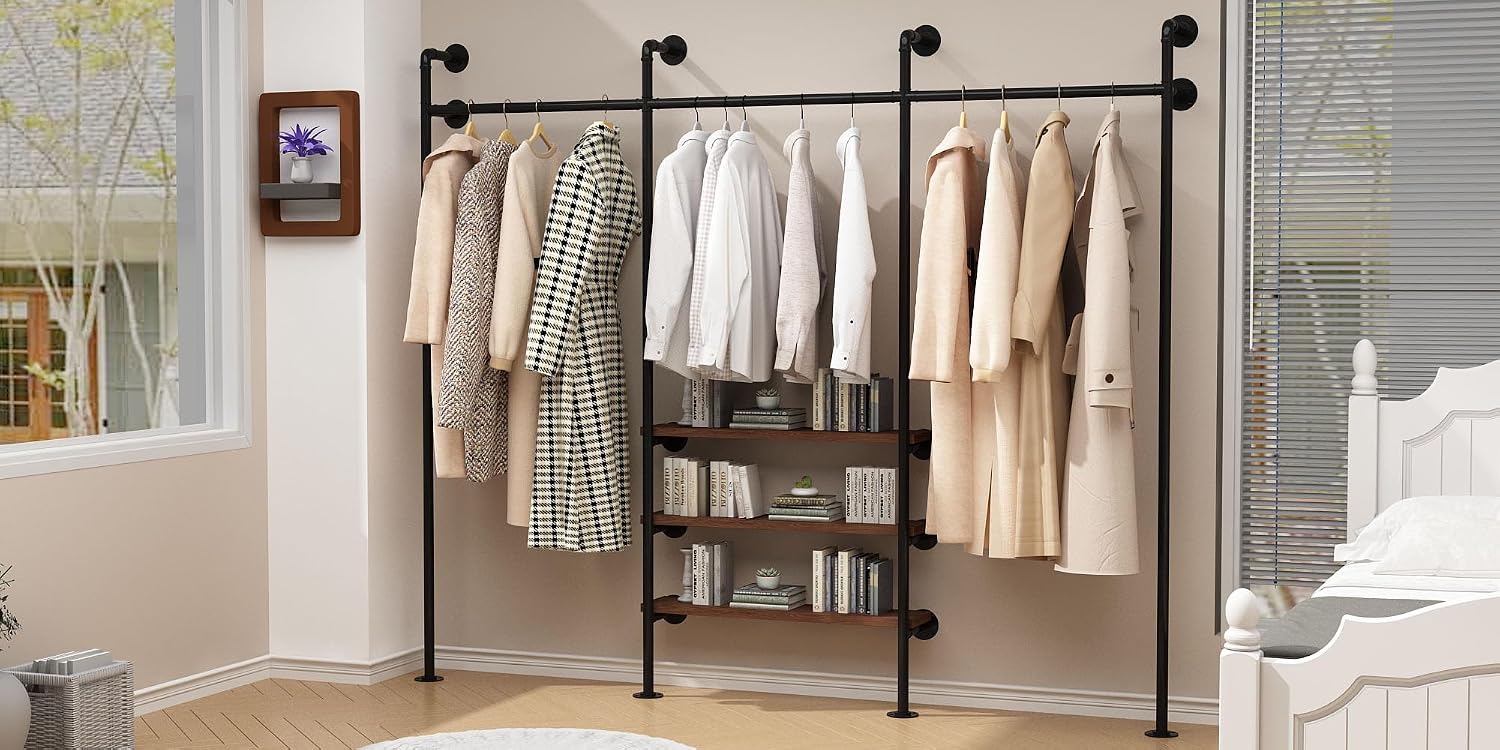 HOMEKAYT Industrial Pipe Clothes Rack,Wall Mounted Clothing Rack with Shelves, Heavy Duty Multi-Purpose Storage Clothes Hanging Shelf - 94.5''L Black