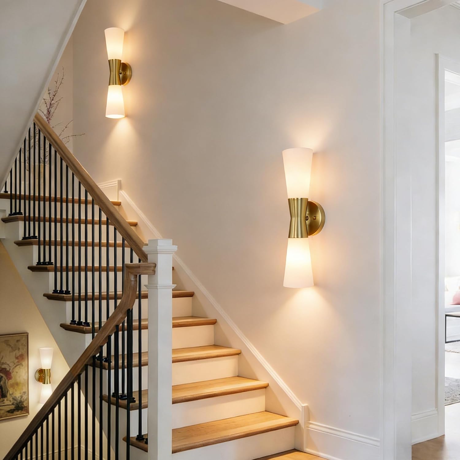 Wall Sconces Set of 2 for Bathroom, Modern Indoor Vanity Light Fixtures 17', Up Down Lighting, Wall Mount Lamp for Living Room Bedroom Hallway Stairway Fireplace Mirror E26 Base 2PC White&Gold