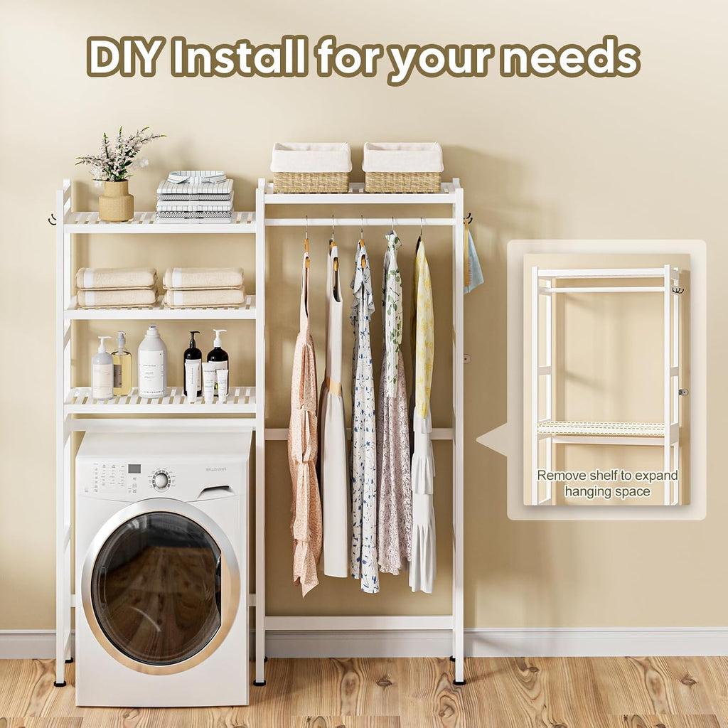 Cozivolife Over The Washer and Dryer Storage Shelf Bamboo,5 Tiers Laundry Room Drying Rack with Adjustable Shelves and 4 Hooks,Space Saver Organizer for Hanging Clothes and Towels (White)