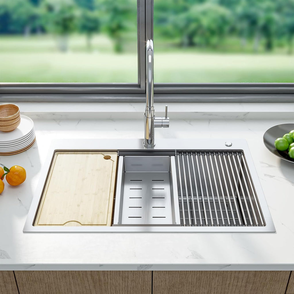 Senfot 30 Inch Drop In Kitchen Sink, Topmount Kitchens Bar Sink with Single-tier Track, Stainless Steel Single Bowl Sinks with Drain Strainer, Bottom Rise Grid, Full Accessories, Brushed Nickel