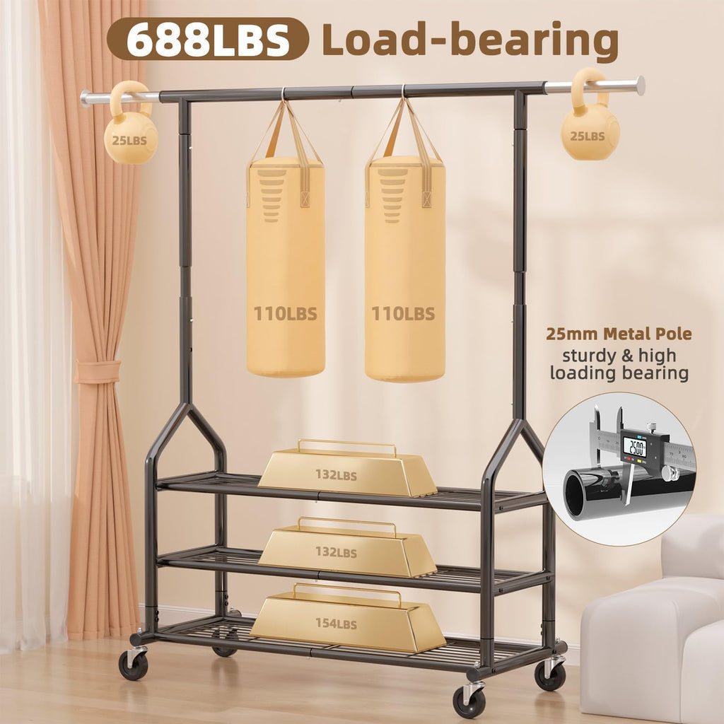 EAGMAK Heavy Duty Clothes Rack Load 556 LBS, Rolling Clothing Rack With 3 Shelves, Adjustable Metal Clothes Hanger with Wheels, Portable Wardrobe Organizer Garment Rod for Hanging Clothes (Black)