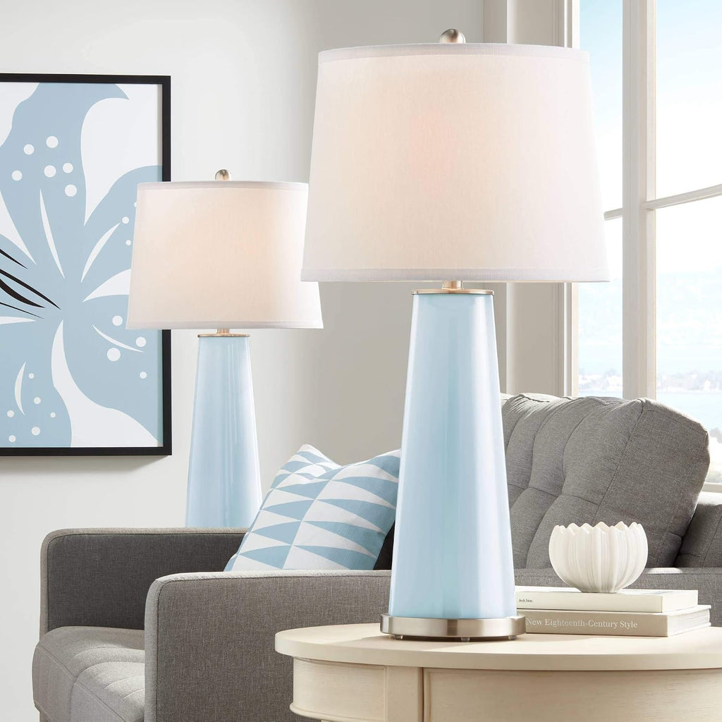 Color + Plus Leo Modern Table Lamps 29 1/2' Tall Set of 2 Vast Sky Blue Glass Tapered Column Plain White Drum Shade Decor for Bedroom Living Room House Home Bedside Nightstand Office Family