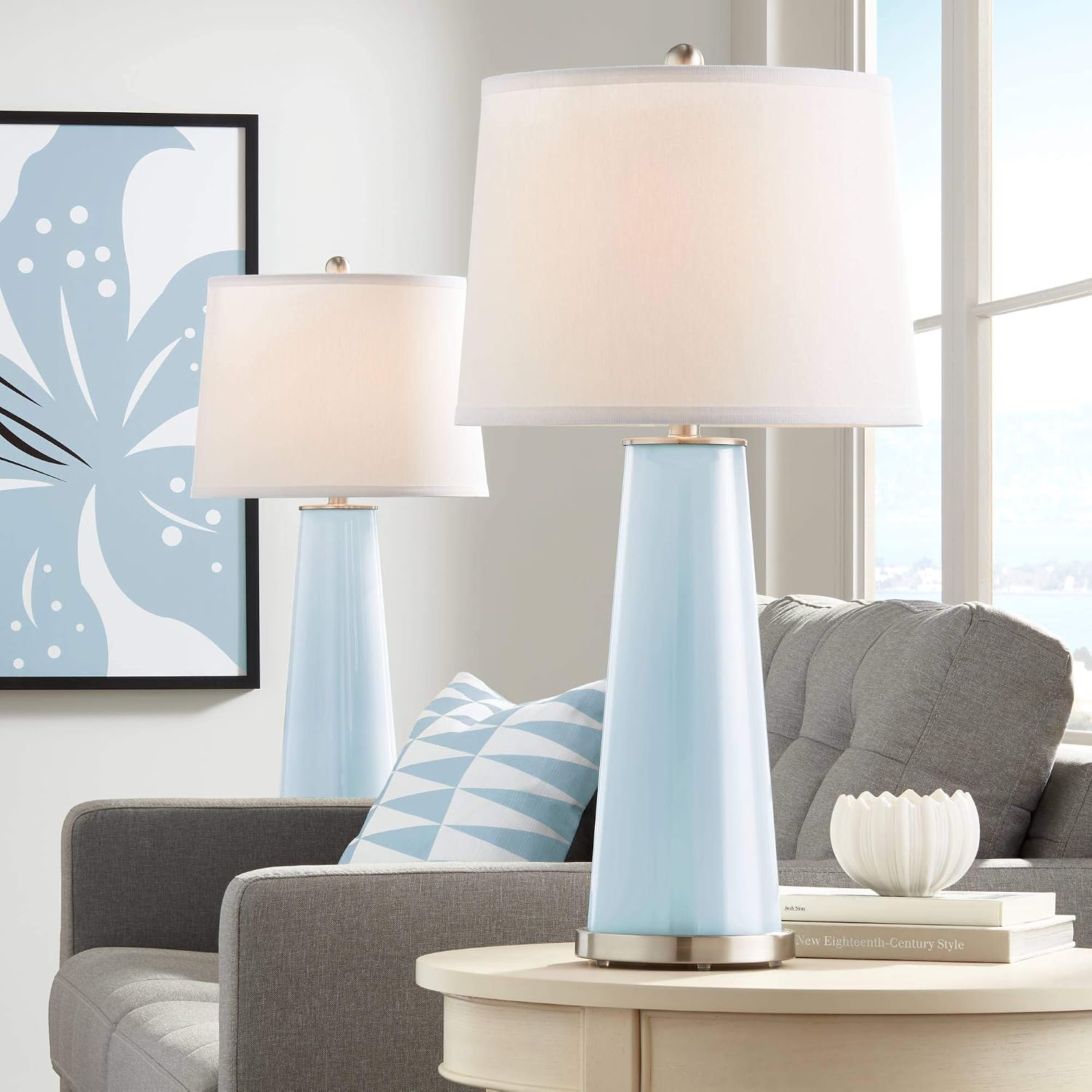 Color + Plus Leo Modern Table Lamps 29 1/2' Tall Set of 2 Vast Sky Blue Glass Tapered Column Plain White Drum Shade Decor for Bedroom Living Room House Home Bedside Nightstand Office Family