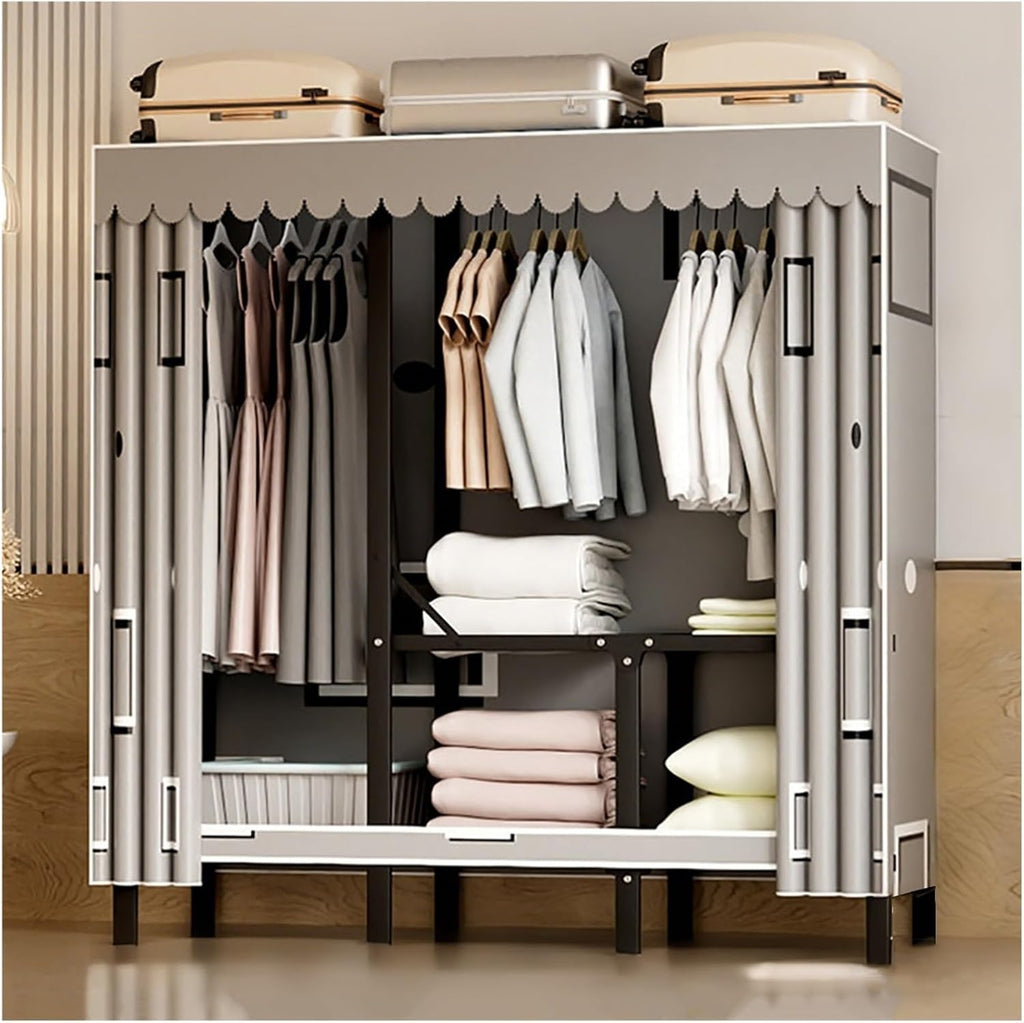 Heavy Duty Wardrobe Closet with Cover, Foldable Garment Rack for Hanging Clothes, Freestanding Covered Clothing Coat Storage Organizer, Clothes Rack with Curtain(D,160cm/63in)