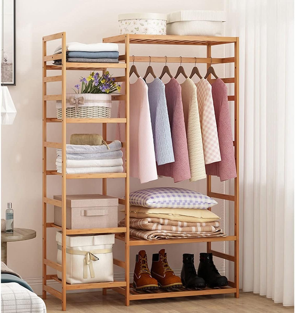 Coat Rack, Bamboo Clothes Rack Open Frame Bamboo Garment Wardrobe Organizer Large Cabinet Hanging Rails With 360°rotation 4 Wheels For Dress Pants Shoes Hats Natural