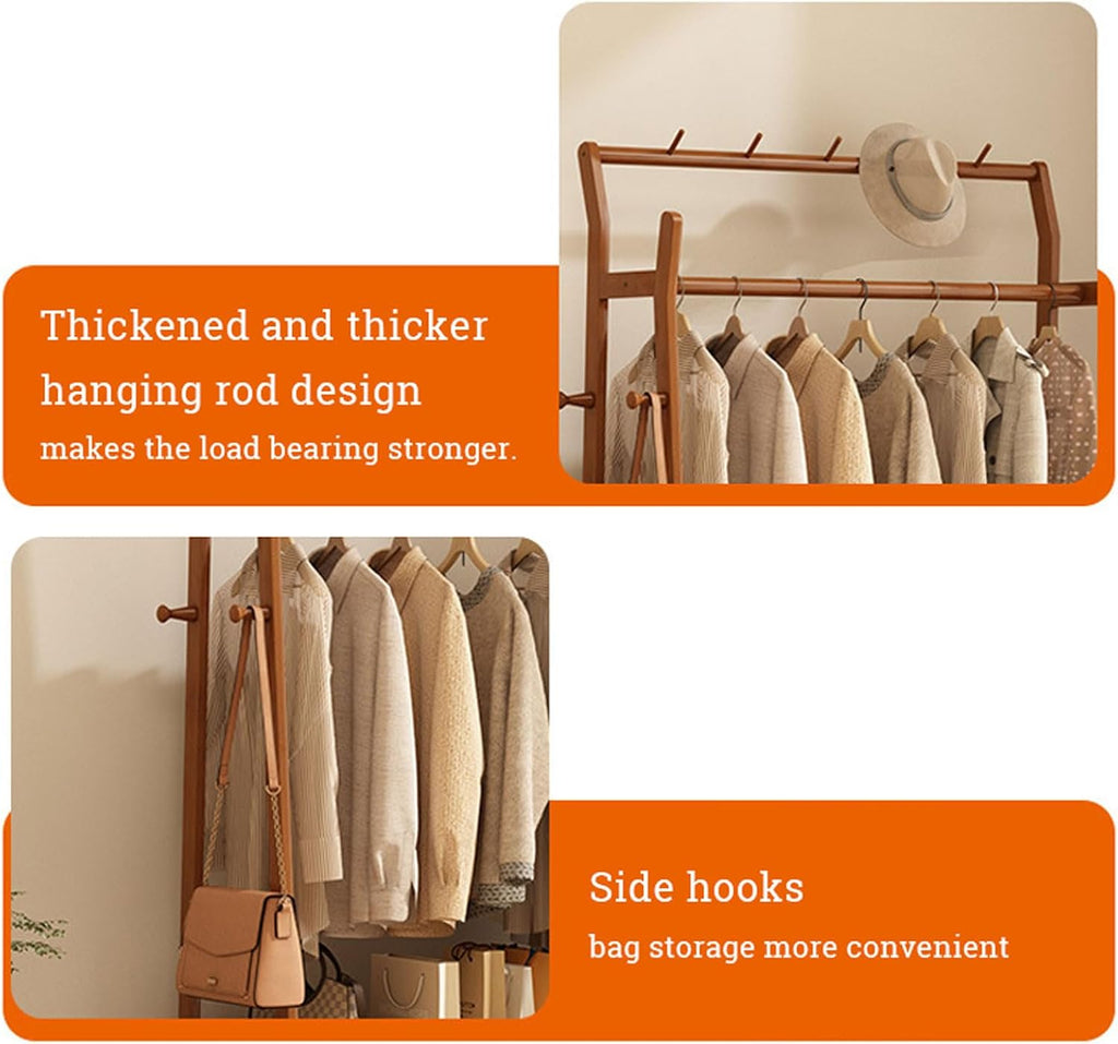 Free Standing Garment Rack with Casters, Bamboo Clothes Rack with Storage Cabinet Clothing Hanging Rail, Open Wardrobe Coat Stands for Bedroom Living Room Hallway