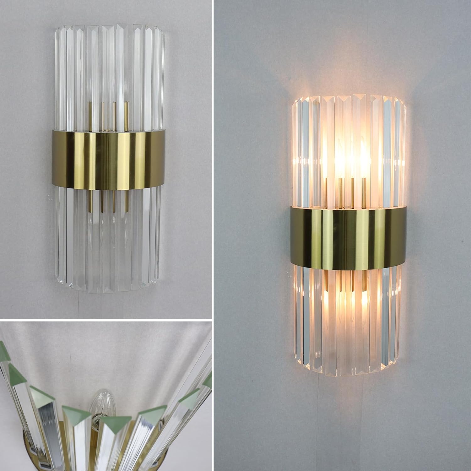 Gold Wall Sconces Set of Two Mid Century Modern Crystal Sconce Lighting 2-Light Brass Glass Wall Light Fixtures for Bathroom Bedroom Hallway Living Room