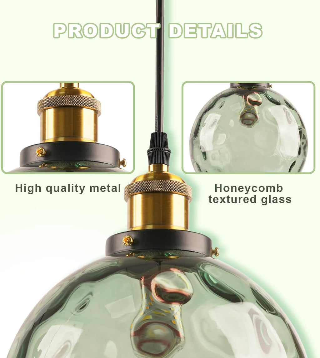Small Plug in Pendant Light for Ceiling, Green Glass Hanging Light Shade 7.8-inch Hand Blown Mid Century Modern Chandelier for Kitchen Island Dining Room Living Room Bedroom Corner