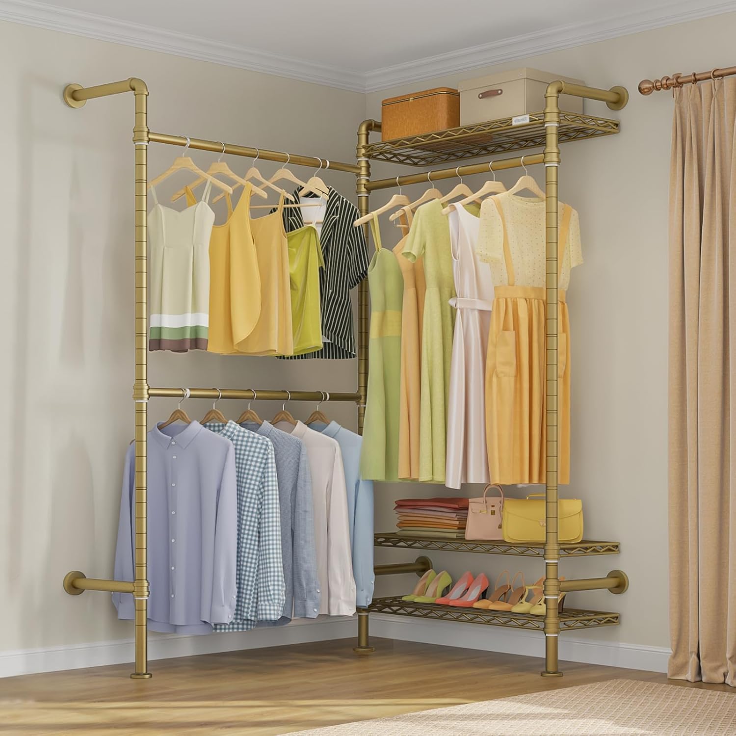 Timate L2 Wall Mounted Clothes Rack Industrial Pipe Clothing Rack for Hanging Clothes, Adjustable Expandable Garment Rack Heavy Duty Closet Organizer, Gold Mounted Closets Industrial Closet System