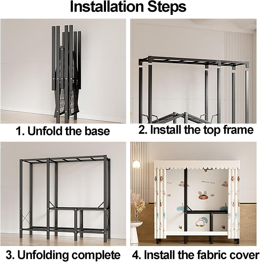 Heavy Duty Wardrobe Closet with Cover, Foldable Garment Rack for Hanging Clothes, Freestanding Covered Clothing Coat Storage Organizer, Clothes Rack with Curtain(A,160cm/63in)