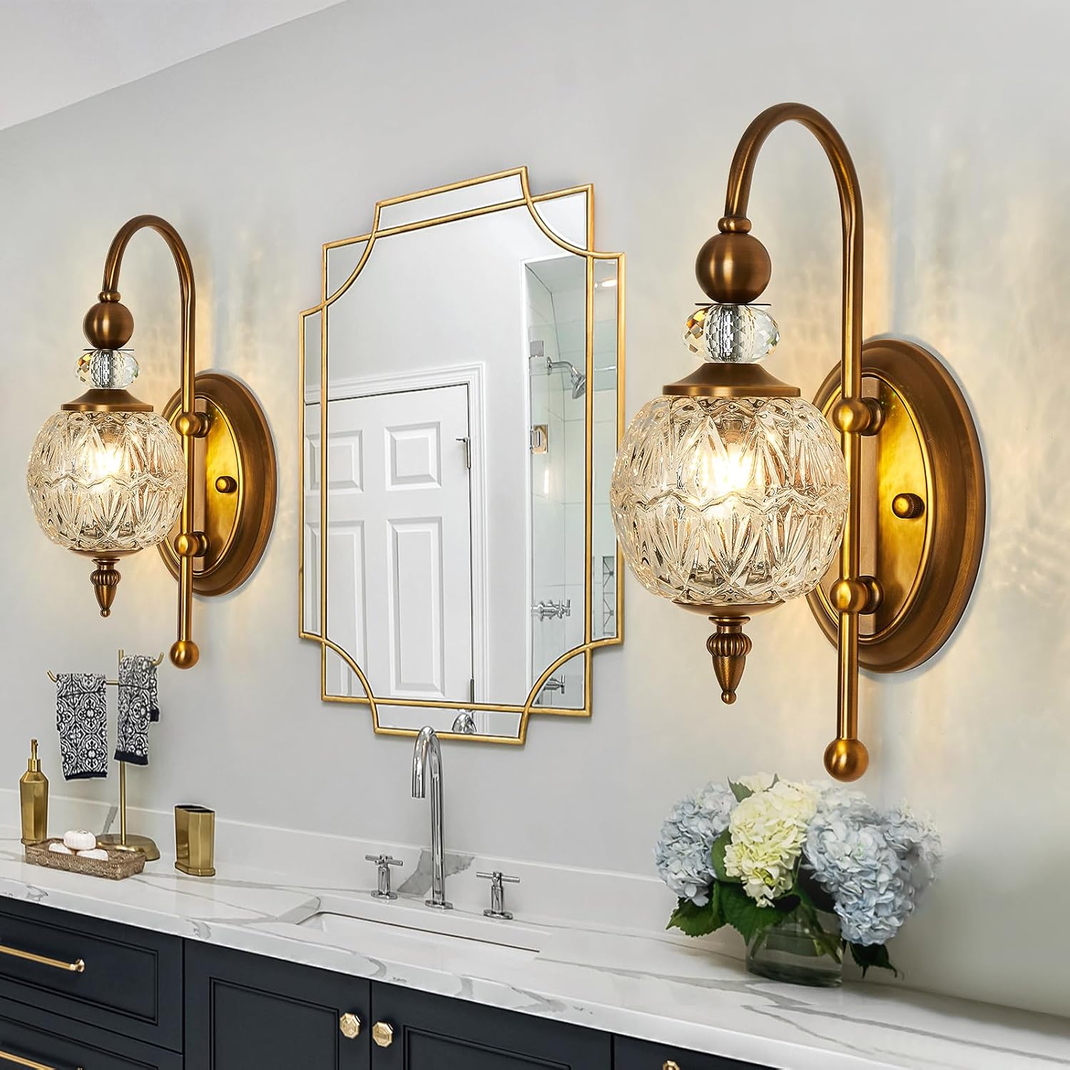 Piepooye Vintage Gold Wall Sconce Set of Two Mid Century Brushed Brass with Glass Globe Shade Vanity Light Indoor G9 Bulb Wall Light for Bathroom Farmhouse Bedroom Living Room Hallway