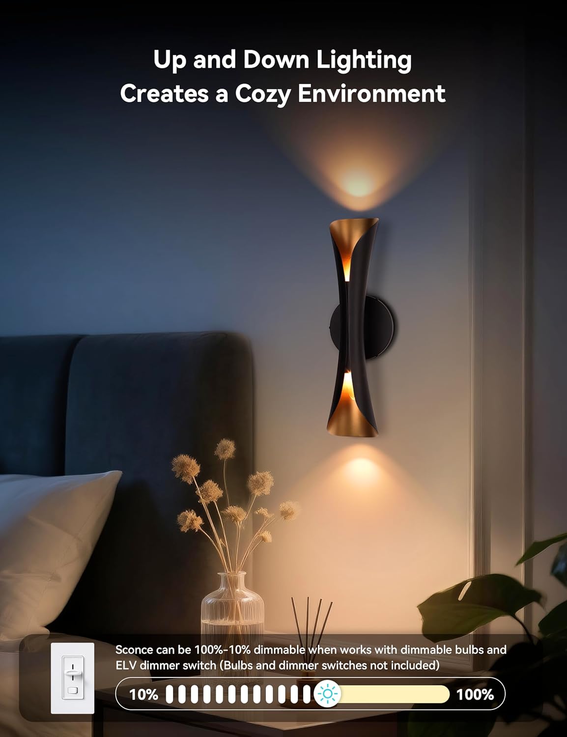 Tubicen Wall Sconces Set of Two Dimmable Mid-Century Modern Black and Gold Sconce Up Down Wall Lights Hardwired Indoor Art Deco Wall Sconces for Living Room Bedroom Movie Theater Hallway 15.7' H