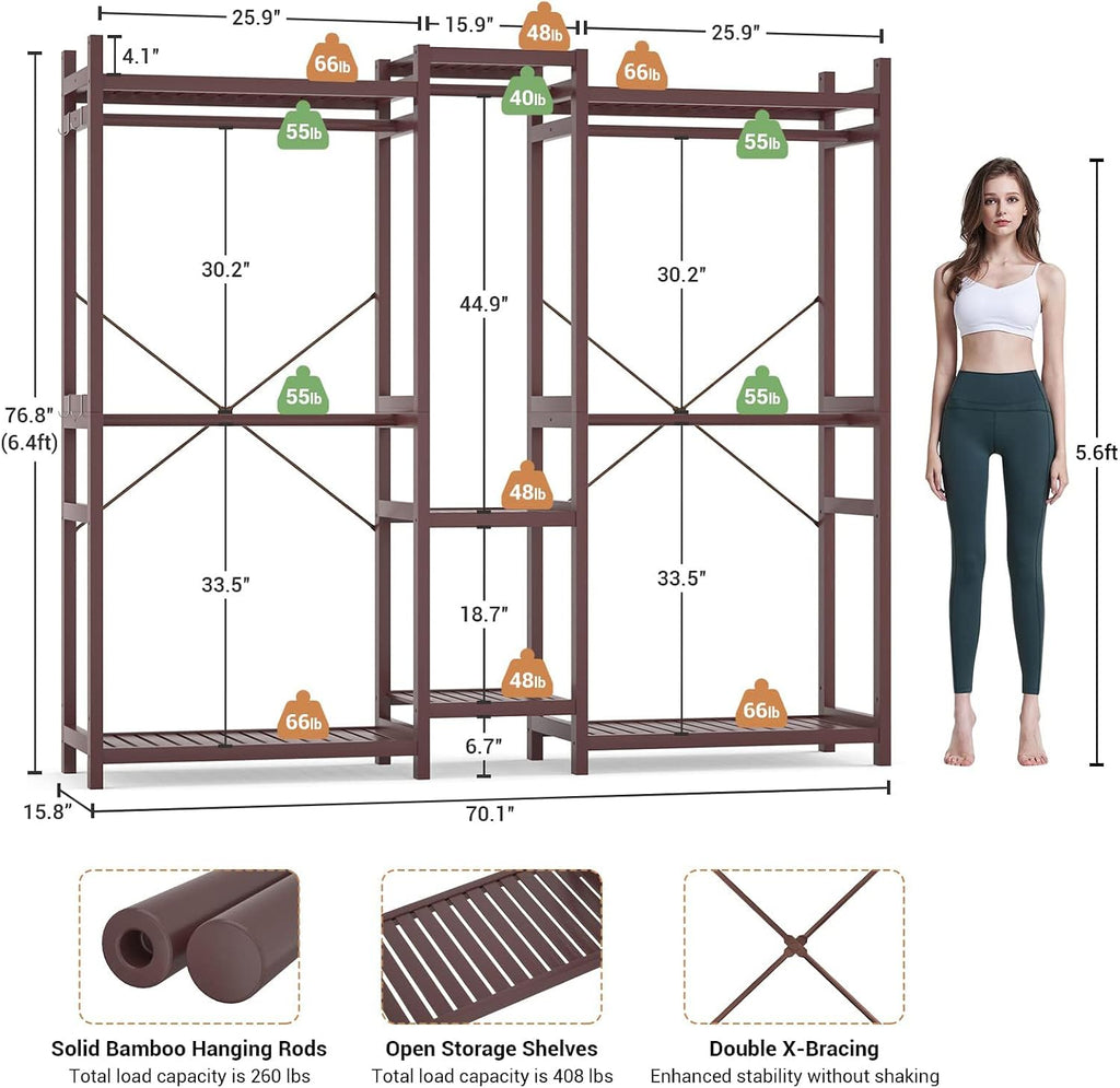 Homykic Bamboo Closet System Clothes Rack, Large Freestanding Garment Rack Clothing Rack for Hanging Clothes with 7 Storage Shelves and 5 Rods, Open Wardrobe Organizer with 4 Hooks, Espresso