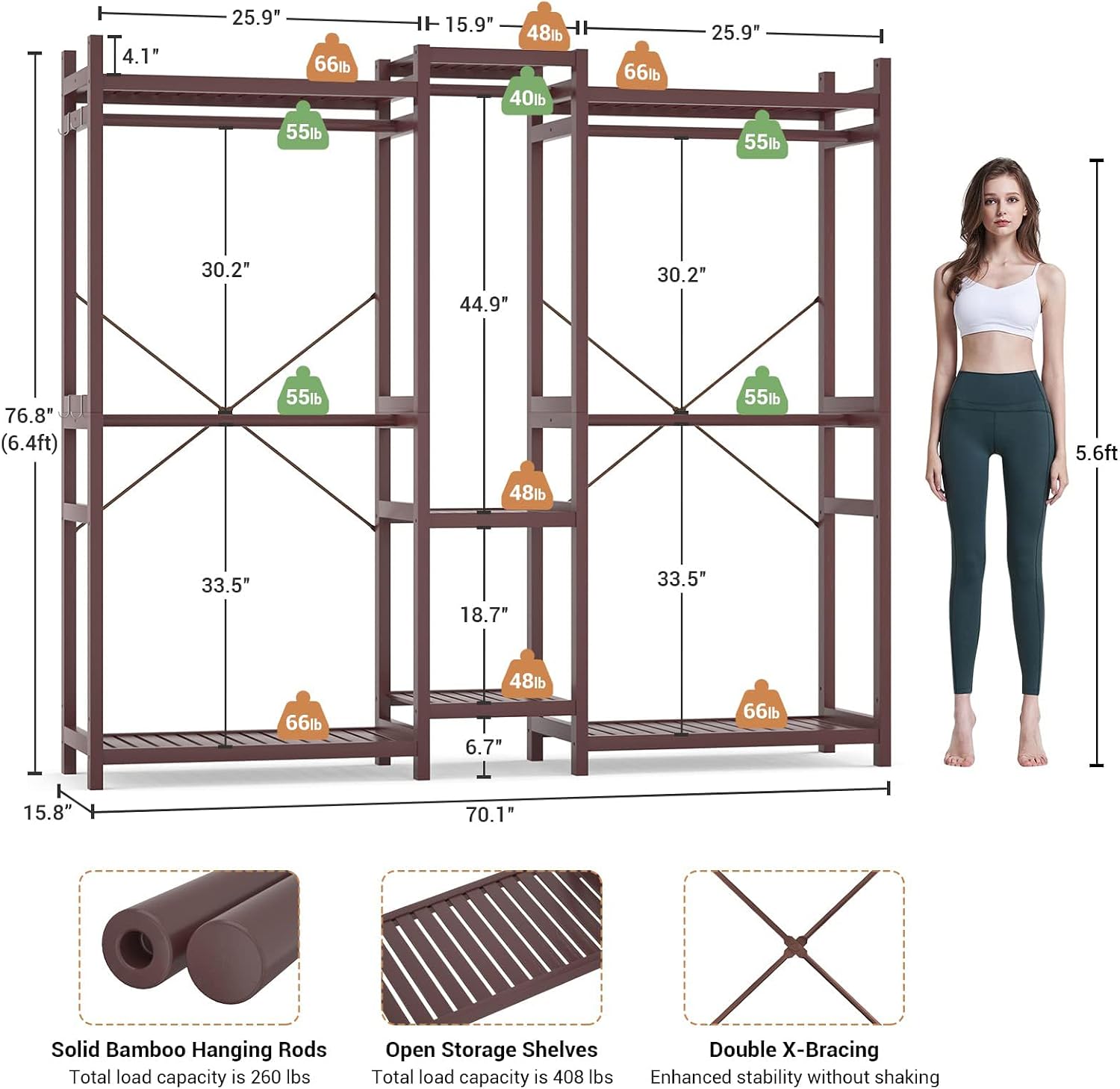 Homykic Bamboo Closet System Clothes Rack, Large Freestanding Garment Rack Clothing Rack for Hanging Clothes with 7 Storage Shelves and 5 Rods, Open Wardrobe Organizer with 4 Hooks, Espresso