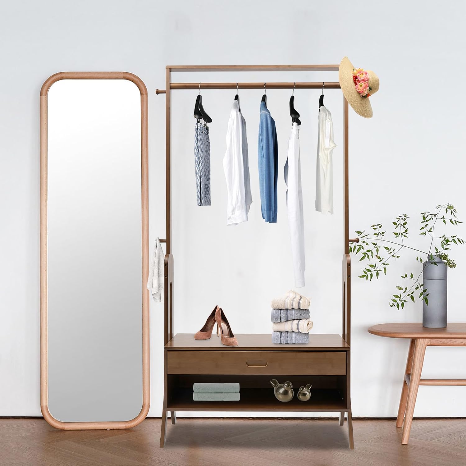 Bamboo Garment Rack Freestanding Closet Organizer, 83.5x33x169.5cm Coat Rack with Storage Shelf, Multifunctional Clothes Hanging Stand for Bedroom Entryway, Freestanding Clothing Storage Organizer