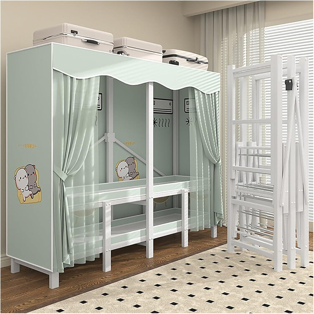 Foldable Wardrobe Closet With Cover, Metal Garment Rack, Freestanding Clothing Rack For Hanging Clothes, Portable Organizer Rack Shelf, For Bedroom, Dorm(Green,130cm/51.2nch)