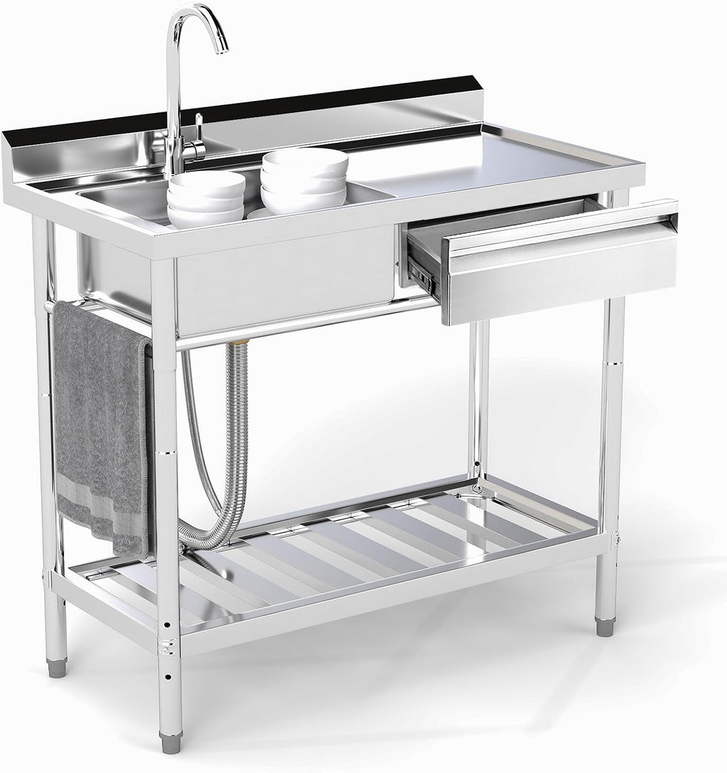 Stainless Steel Utility Sink, 39'' Free Standing Single Bowl Kitchen Sink with Left Right, Cold and Hot Water Pipe, Indoor and Outdoor for Laundry Room Farmhouse Kitchen(39 inch)
