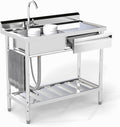 Stainless Steel Utility Sink, 39'' Free Standing Single Bowl Kitchen Sink with Left Right, Cold and Hot Water Pipe, Indoor and Outdoor for Laundry Room Farmhouse Kitchen(39 inch)