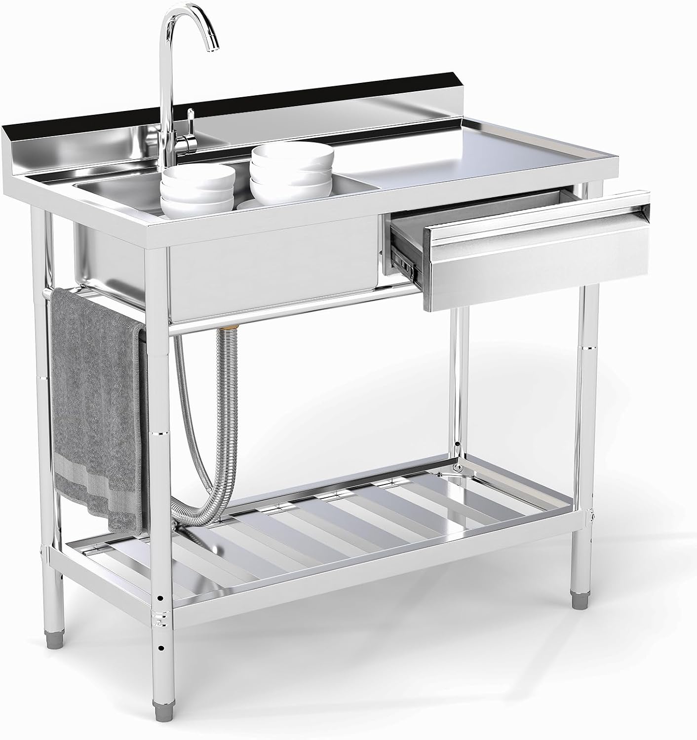 Stainless Steel Utility Sink, 39'' Free Standing Single Bowl Kitchen Sink with Left Right, Cold and Hot Water Pipe, Indoor and Outdoor for Laundry Room Farmhouse Kitchen(39 inch)