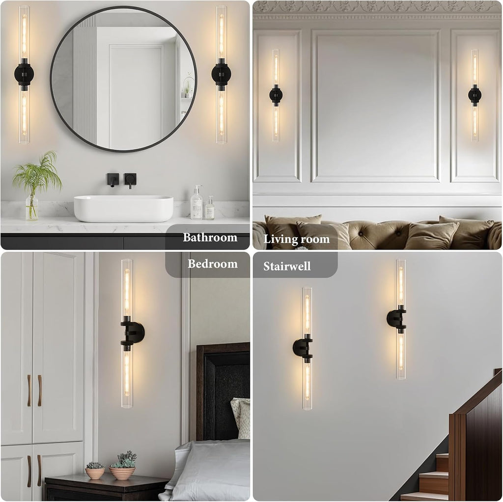 Knurled Brass Tube Wall Sconce - Luxury Modern Dimmable Sconces with Bulbs - Black Glass Vanity Light Fixture - Vertical or Horizontal Mounted Indoor Lighting for Bathroom Bedroom Living Room