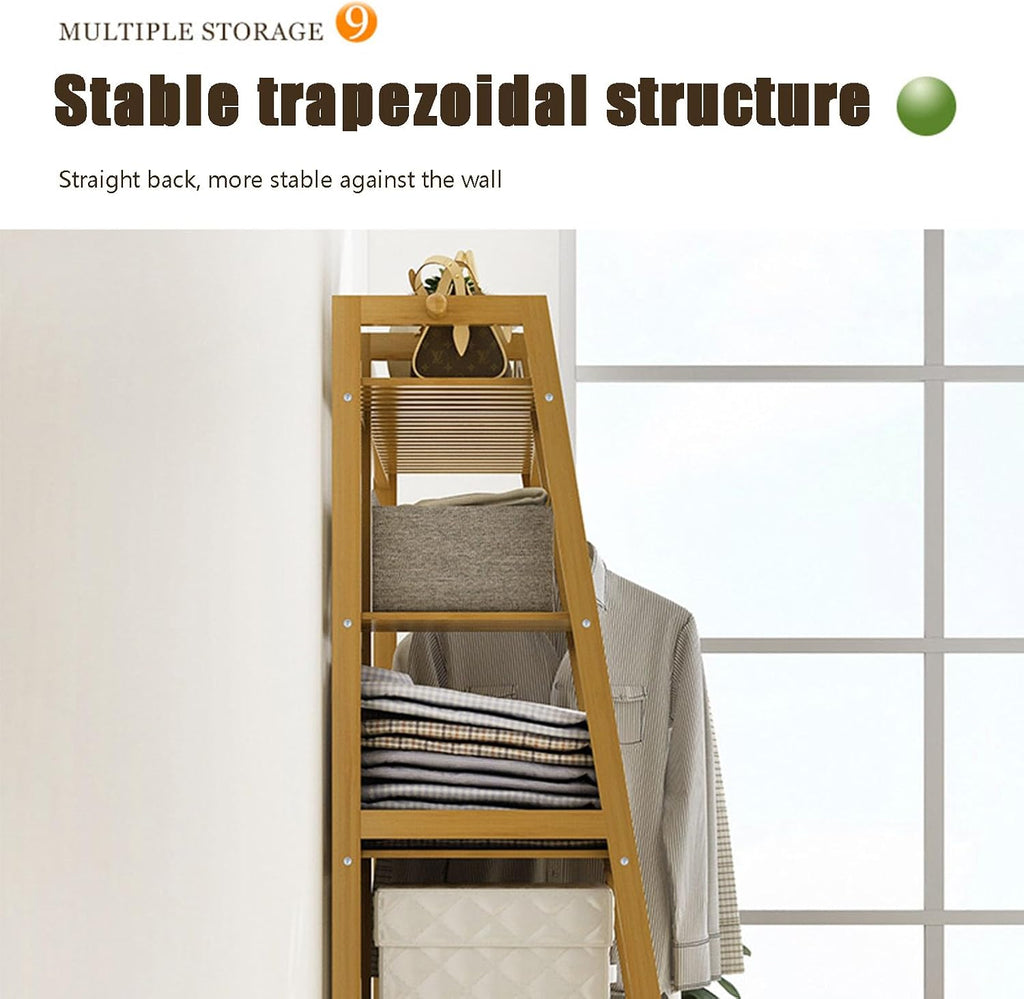 Bamboo Trapezoid Clothing Rack, Garment Rack with 5-Tier Storage Shelves Multi-Functional Clothes Hanging Rack Stand for Bedroom Living Room, Natural