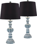 Regency Hill Tanya Country Cottage Traditional Style Table Lamps 26.5' High Set of 2 Blue Wash Resin Black Faux Silk Drum Shade Decor for Living Room Bedroom House Bedside Nightstand Home