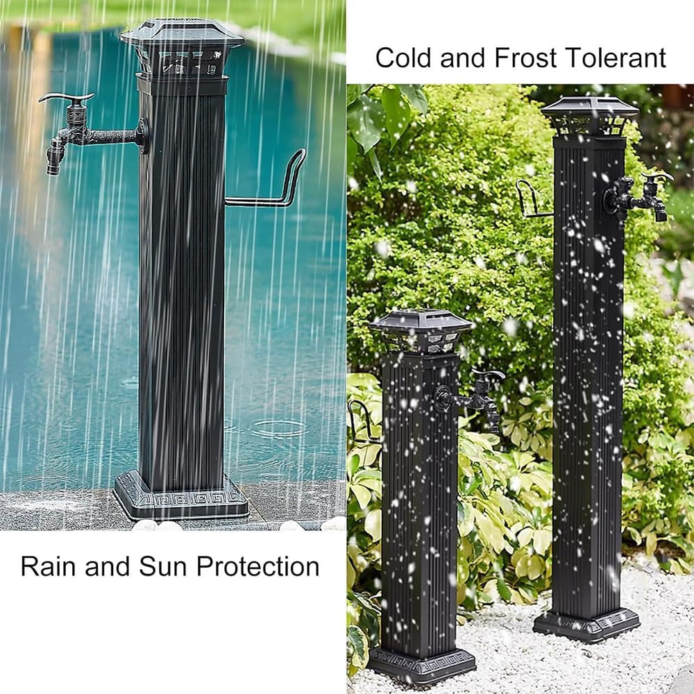 Garden Floor Mount Water Tap Stainless Steel Cylindrical Water Column, Outdoor Anti-Freeze Water Pipe with Solar Led Light, Yard Water Dispenser Hydrant Water Feature Fountain,26In (26In)