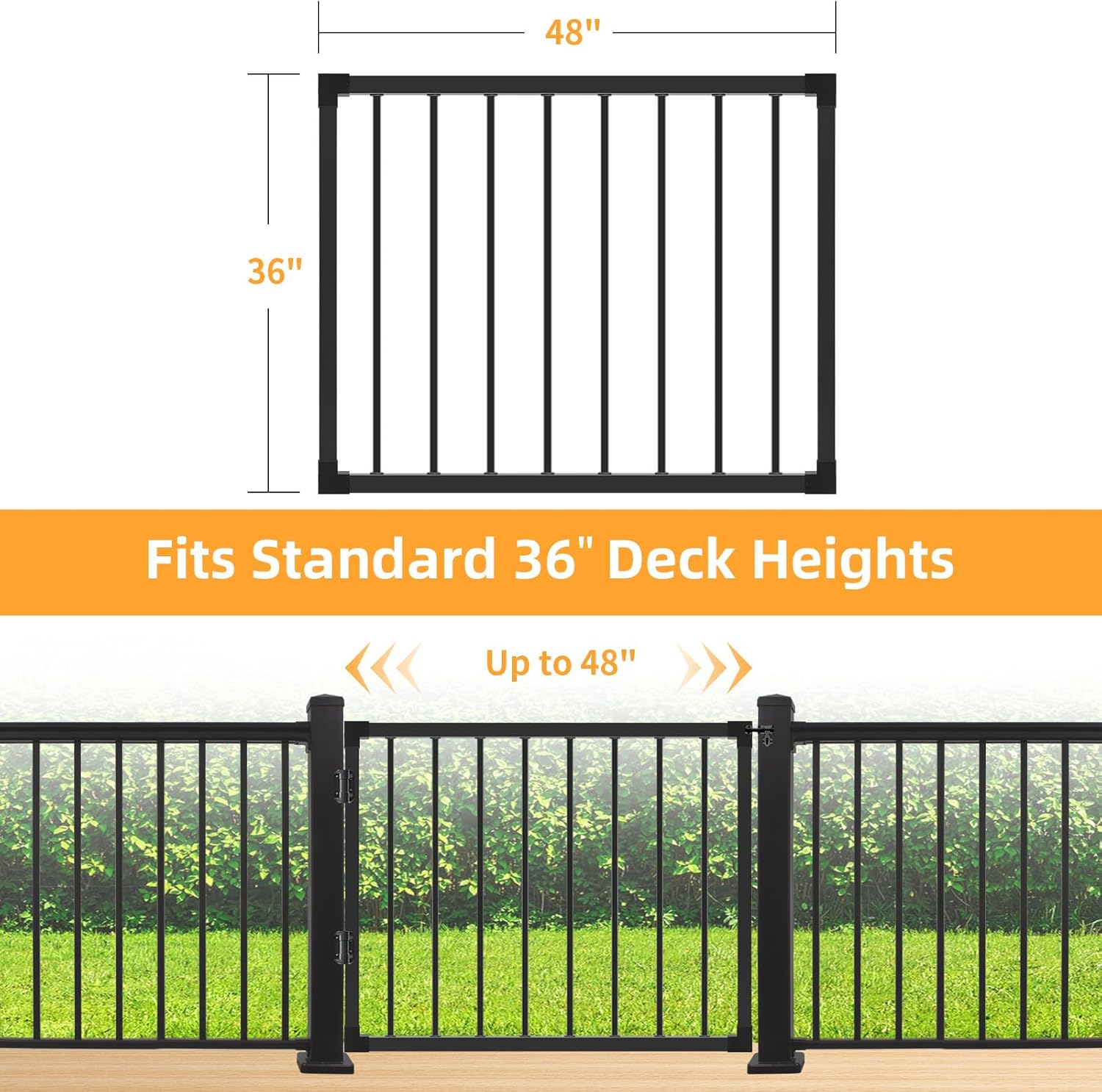 Deck Gate Outoor, 36''Hx48''W Black Heavy Duty Steel Anti-Rust Fence Door with Customizable Width, Easy Installation Metal Gate for Residential, Yard, Patio (No Hinge)