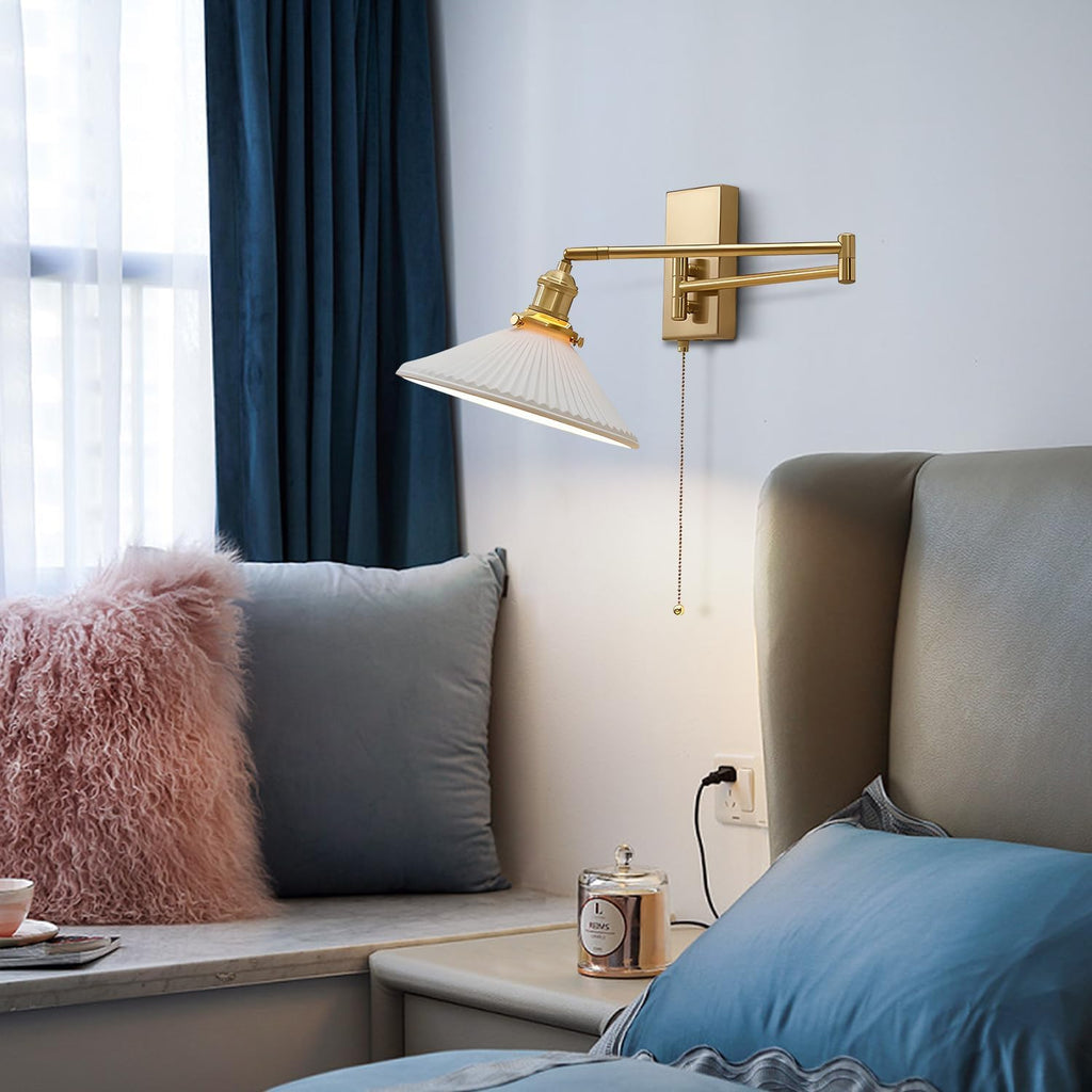 Swing Arm Sconces 2pk, Brushed Gold Hardwired Wall Lamp Pull Chain | Adjustable swing arm wall sconces in brushed gold with frosted glass; 180° rotation for bedside and vanity use; E26 base