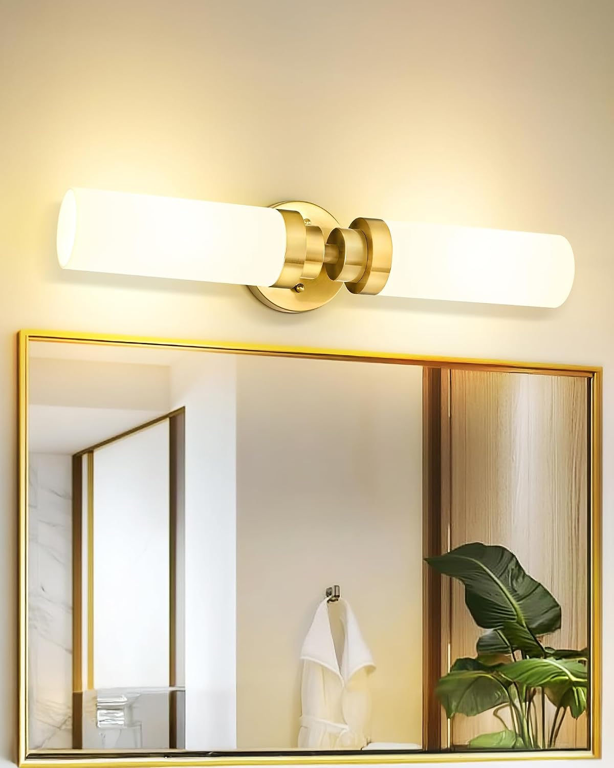 Emak 2 Pack Brushed Gold Bathroom Light Fixtures, 2 Light Bathroom Vanity Light with Milk Glass Shade, 22 Inch Modern Wall Sconce for Bath, Mirror, VL085-BGD-ML-2-PK