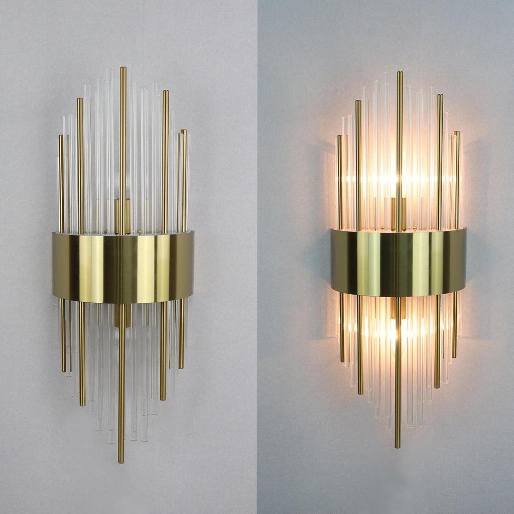 Modern Gold Wall Sconces Set of Two Crystal Sconces Wall Lighting 2-Light Brass Glass Wall Light Fixtures for Bedroom Living Room Bathroom Vanity Mirror Light Fixtures