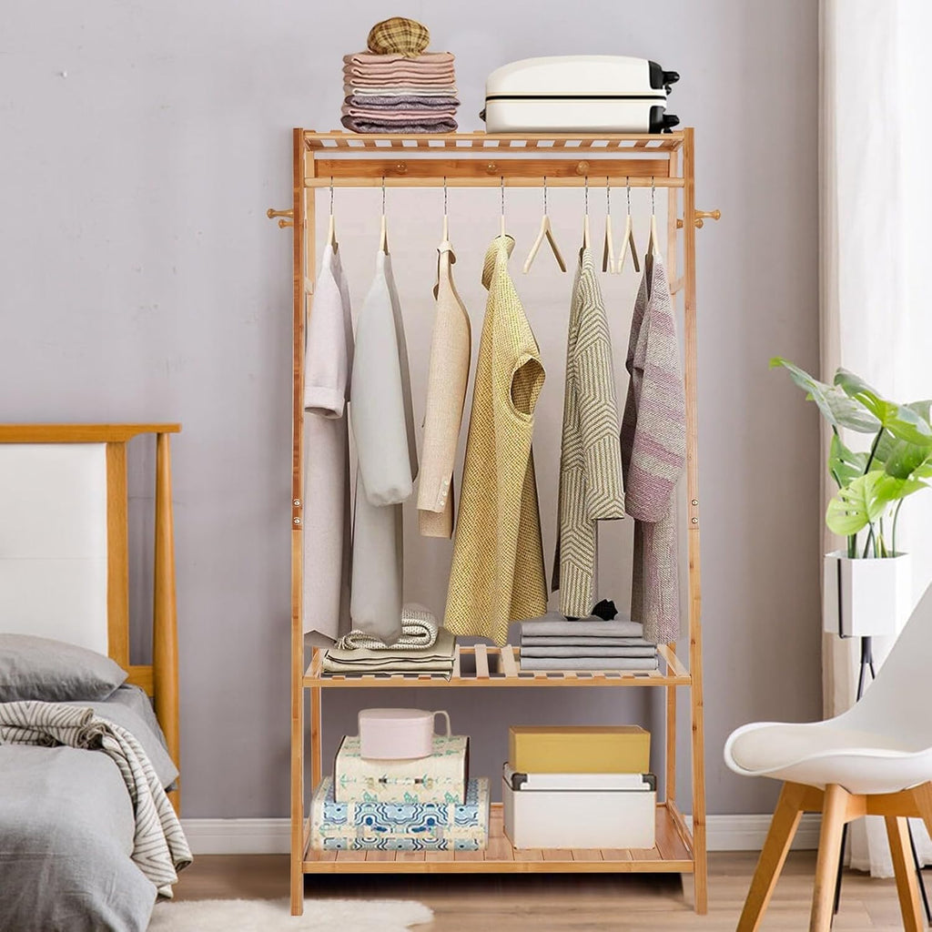 Bamboo Garment Rack Clothes Shelf Shoes Storage with Hooks Brown Wood Finish Includes Hardware