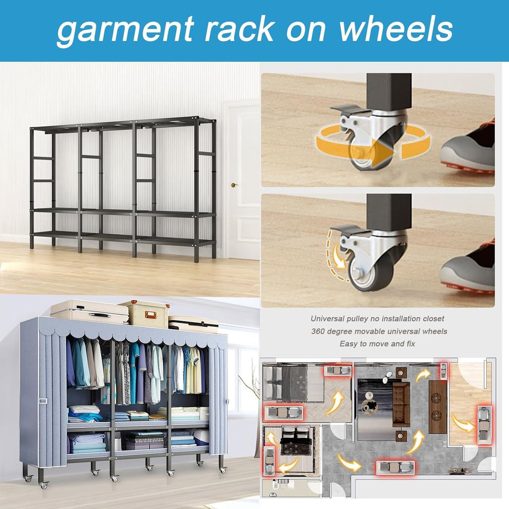 Portable Foldable Wardrobe Closet for Hanging Clothes Storage Garment Rack with Cover and 8 Wheels-70.8in High Heavy-Duty Freestanding Closet System with 3 Hanging Rods Load 1600lb(74.8in/190cm)
