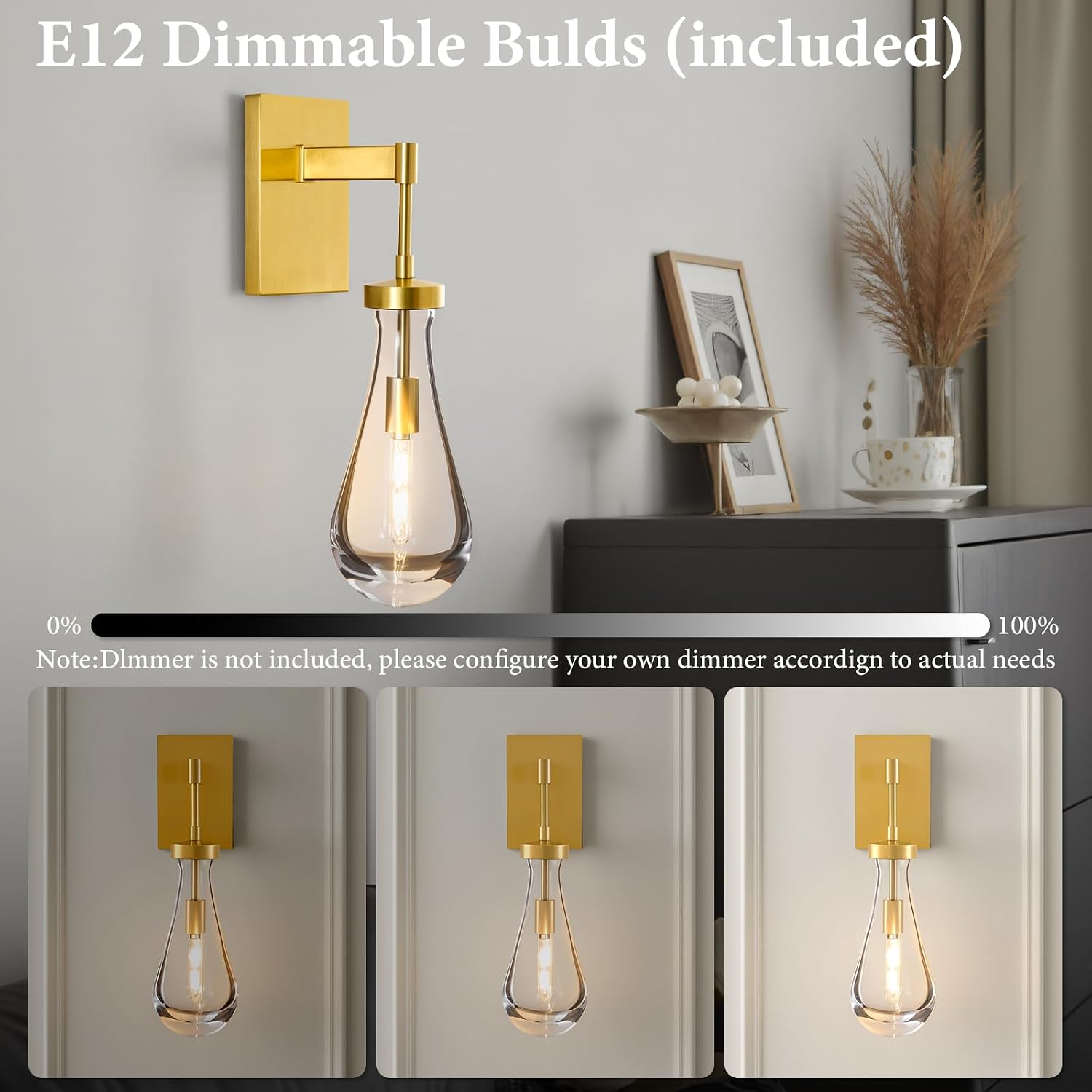 Raindrop Brass Crystal Wall Sconce: Set of 2 Clear Solid Indoor Sconces with Bulbs - Luxury Modern Gold Light Fixtures - Dimmable Vanity Lamp for Bedroom Living Room Bathroom Hallway Bedside Lighting