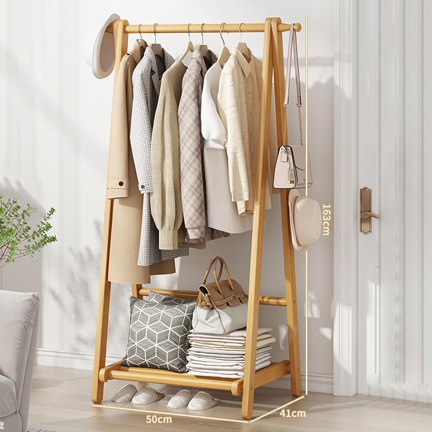 3 in 1 Bamboo Coat Stand Hanging Clothes Rail with Storage Shelves, Portable Folding Garment Rack Foldable Drying Rack Clothes Rack or Entryway, Bedroom, Living Room