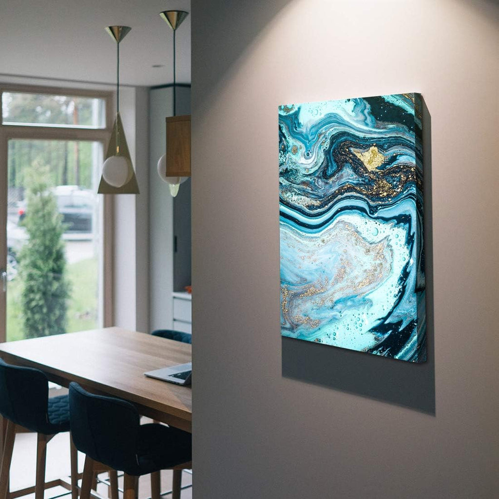 Denzoer Blue Texture and Gold Abstract Wall Art Modern Canvas Prints with Solid Wood Frame Wall Pictures for Home Decoration, Ready to Hang - 36x46 inches