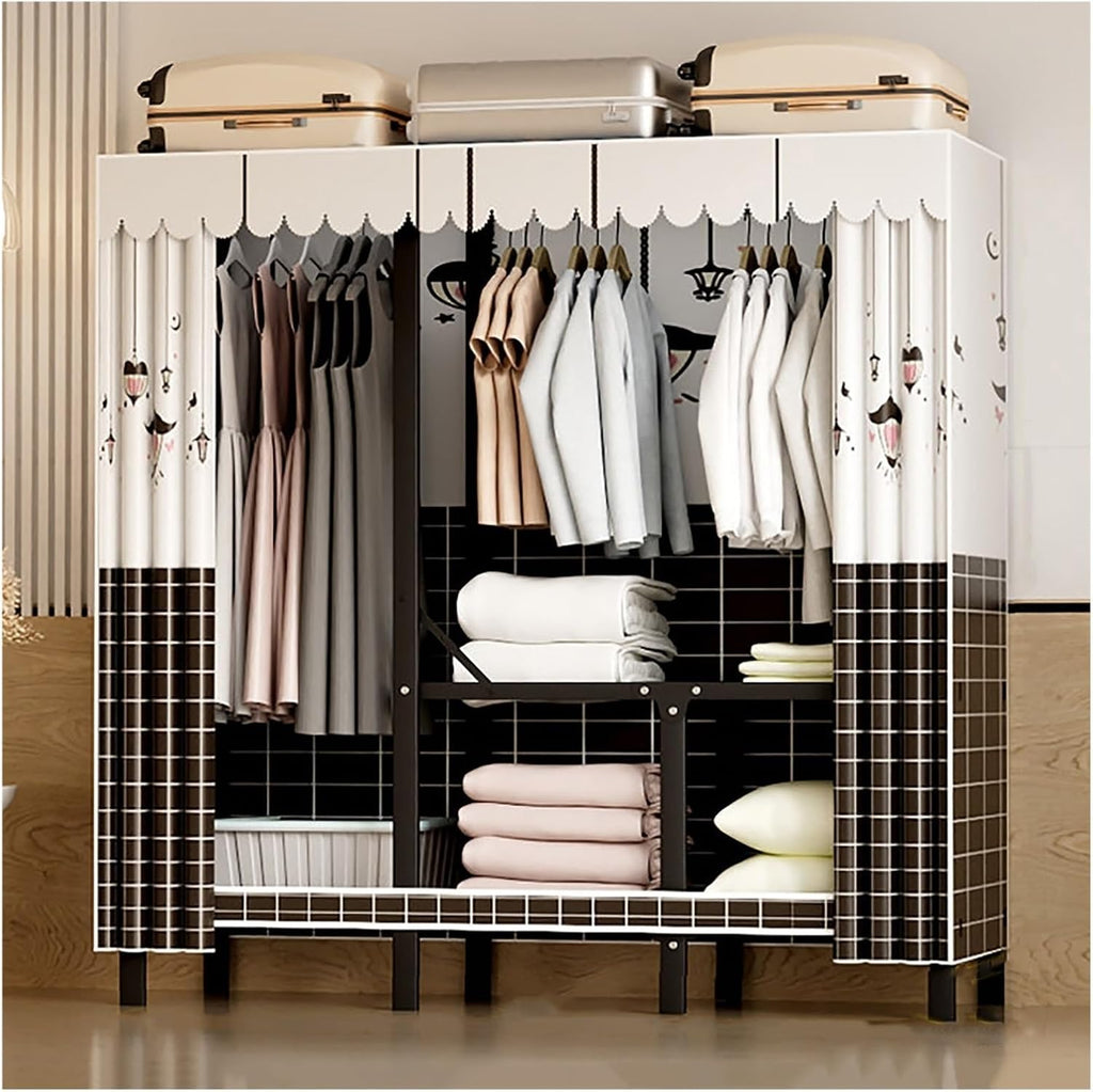 Heavy Duty Wardrobe Closet with Cover, Foldable Garment Rack for Hanging Clothes, Freestanding Covered Clothing Coat Storage Organizer, Clothes Rack with Curtain(A,160cm/63in)