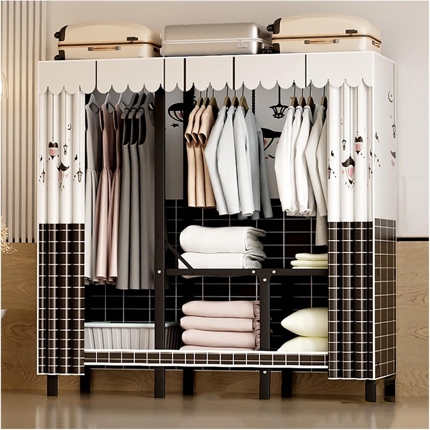 Heavy Duty Wardrobe Closet with Cover, Foldable Garment Rack for Hanging Clothes, Freestanding Covered Clothing Coat Storage Organizer, Clothes Rack with Curtain(A,160cm/63in)