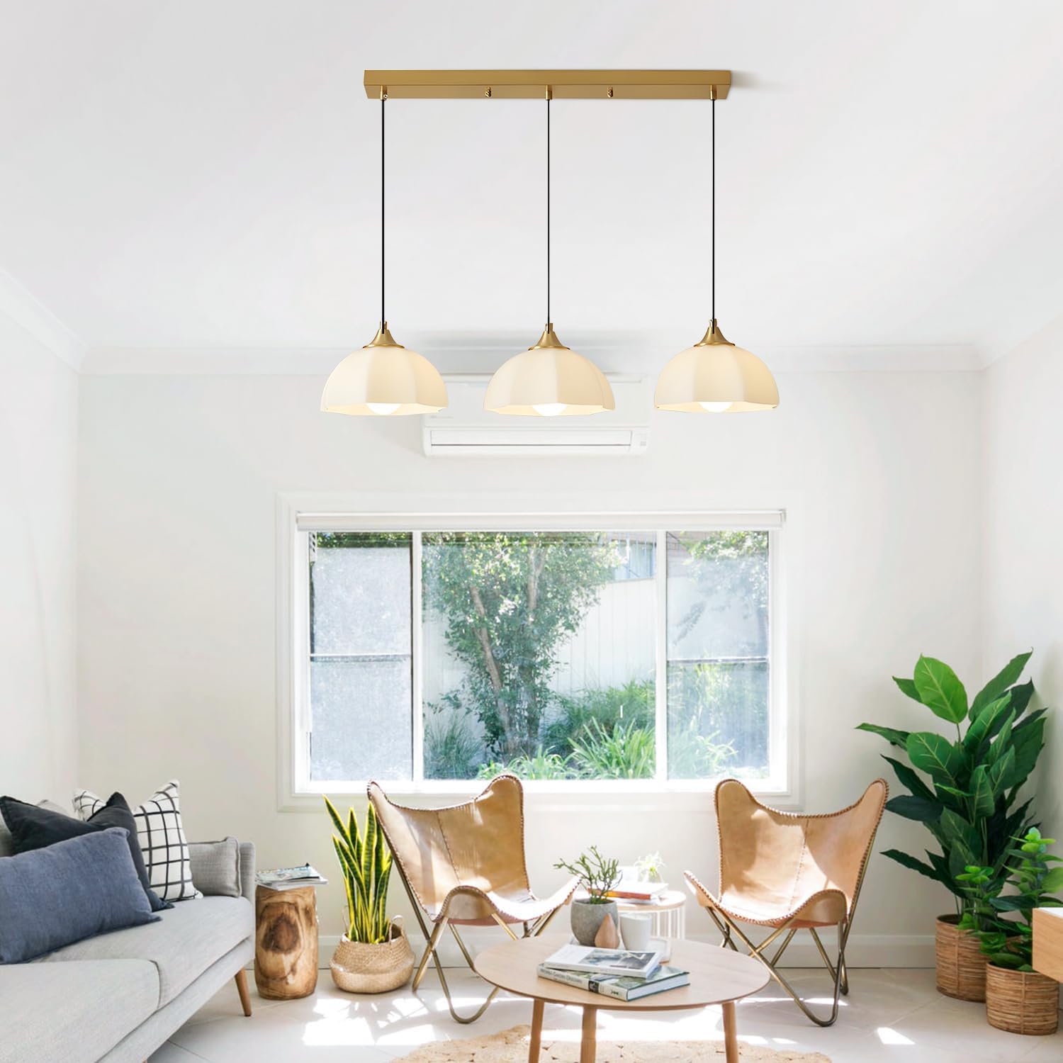 Modern 3 Light Pendant Lighting Gold Linear Dining Room Light Fixture Milk Glass Linear Chandelier Brass and White Pendant Lights Kitchen Island 3 Bulb Hanging Ceiling Light MPL17-3S GD