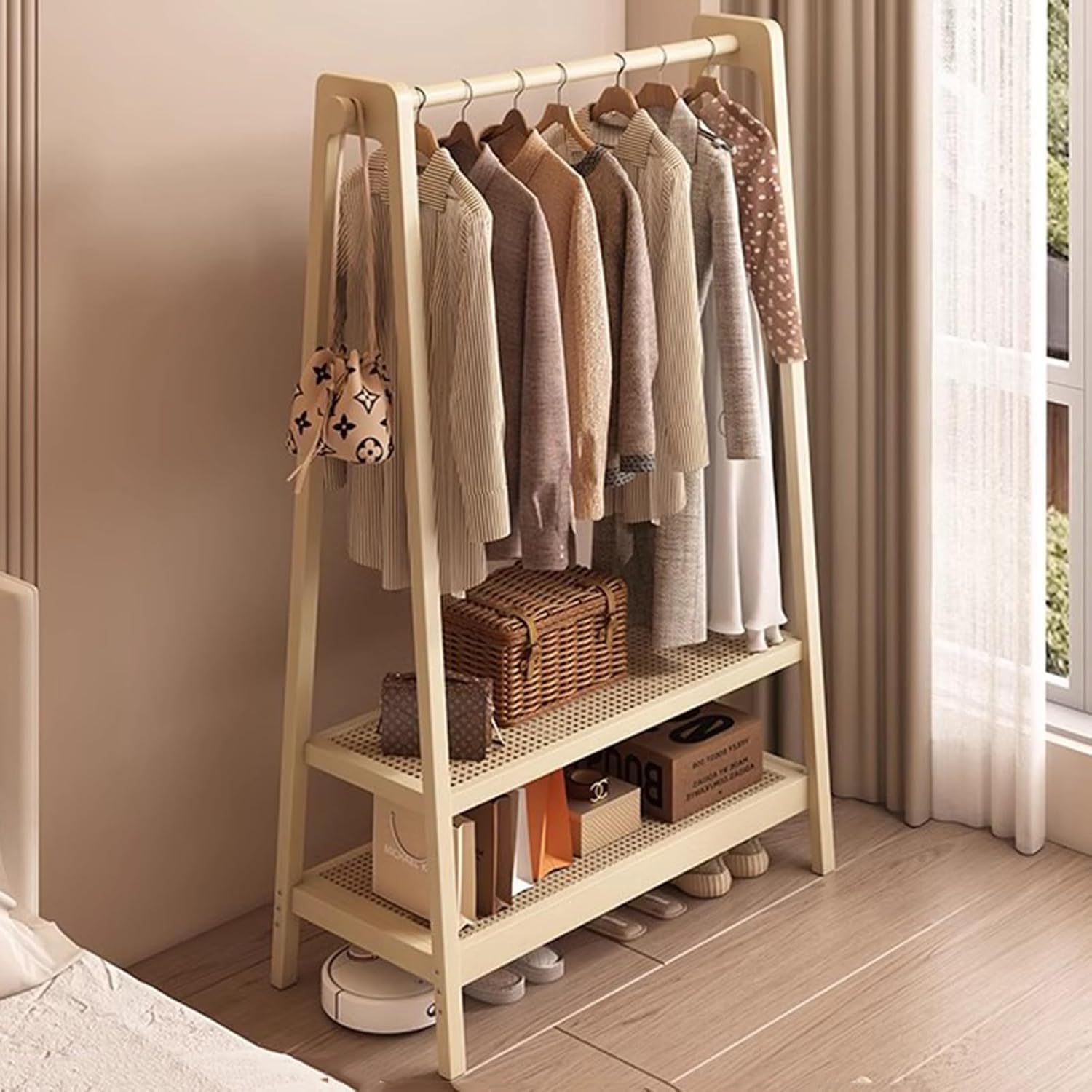 Garment Rack Bamboo Clothes Rack With 2 Shelves And Hook, Modern Clothing Rack For Hanging Clothes, Freestanding Coat Rack For Bedroom And Living Room, Easy To Assemble Clothes Organ(Size:65X36X154CM)