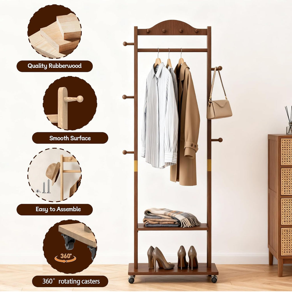 High-Grade Rubber Wood Coat Rack, Easy To Assemble, With 9 side hooks,With 2 partitions, Mobile Rollers, Multifunctional Coat Rack Suitable for Suitable for hanging clothes, hats,storing shoes.