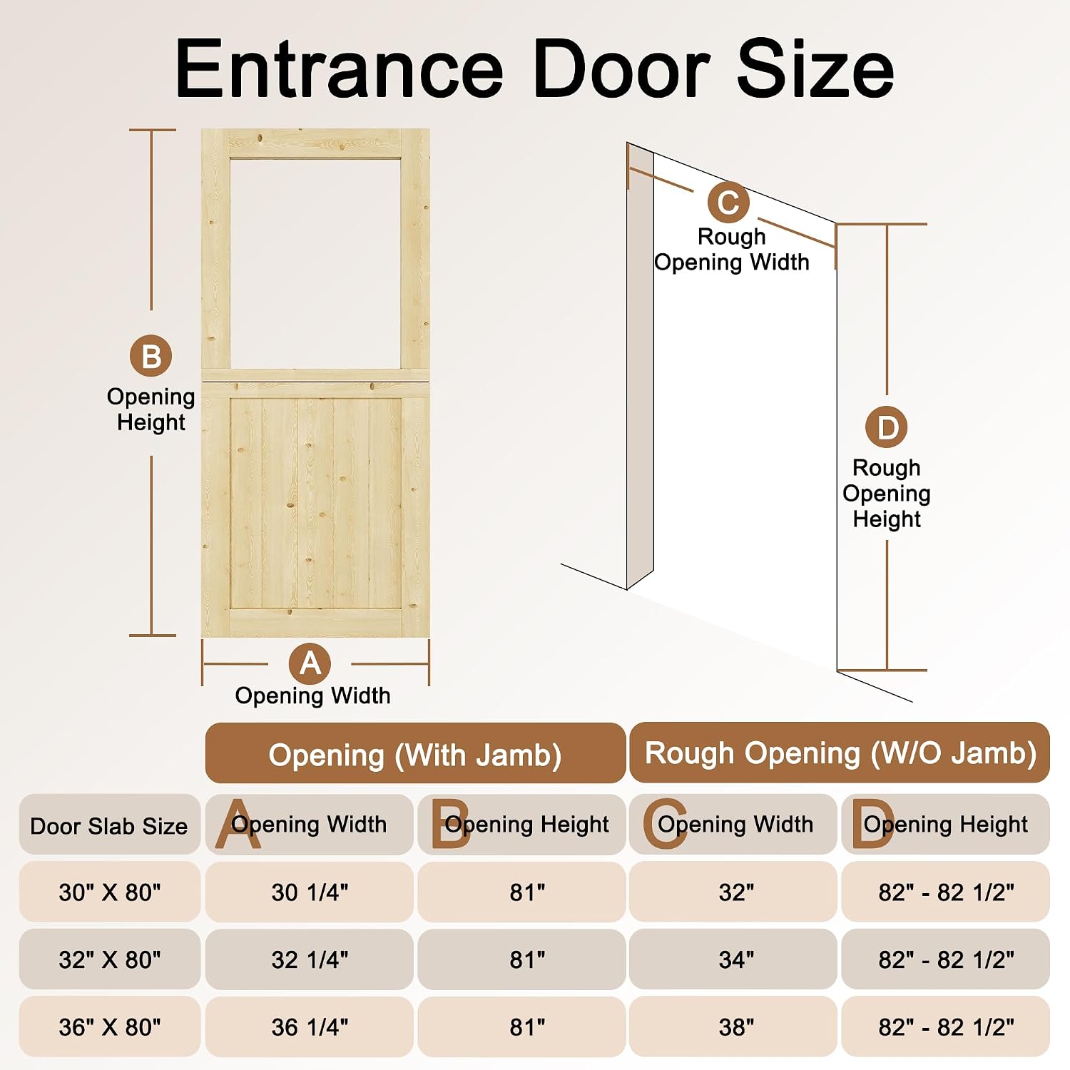 Interior & Exterior Dutch Door Slab, 36' x 80', Universal Tempered Clear Glass Split Single Doors, Solid Core Home Door, Natural Pine Wood - with 4 Black Hinges & 1 Latch, Without Jamb