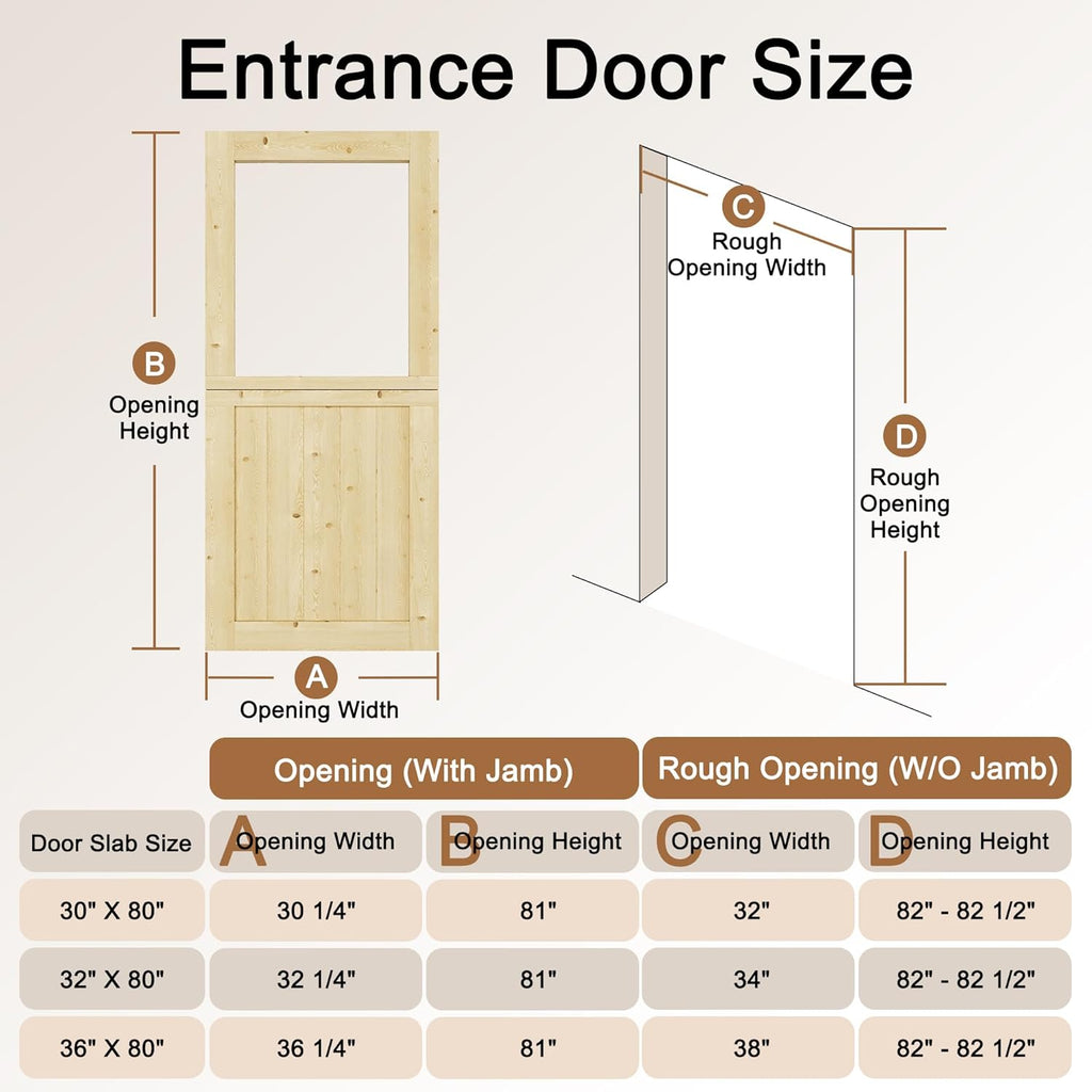 Interior & Exterior Dutch Door Slab, 32' x 80', Universal Tempered Clear Glass Split Single Doors, Solid Core Home Door, Natural Pine Wood - with 4 Black Hinges & 1 Latch, Without Jamb