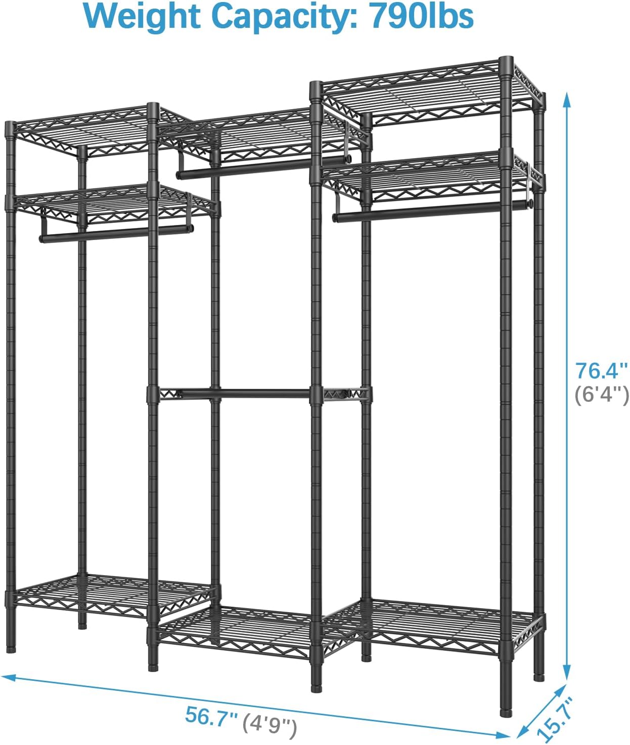 VIPEK V5i Garment Rack Bedroom Armoires Freestanding Closet Organizer, Portable Wardrobe Closet Heavy Duty Clothing Rack with 8 Adjustable Shelves & 4 Hang Rods, 56.7' Lx15.7 Wx76.4 H, Black (Medium)