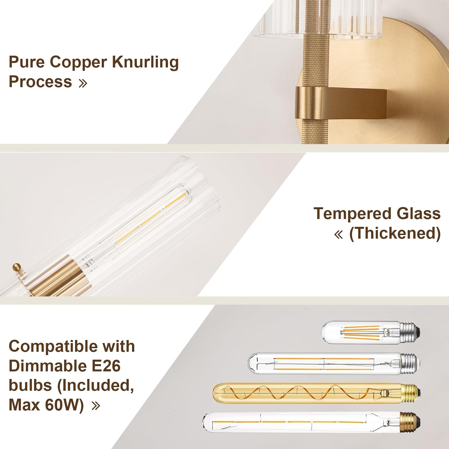 Brass Gold 2-Light Knurled Wall Sconce, Dual-Head Vanity Lamp with Vertical Striped Glass Tube, Bathroom Wall Sconces, Wall Lights for Living Room Bedroom Hallway Kitchen Bathroom Mirror