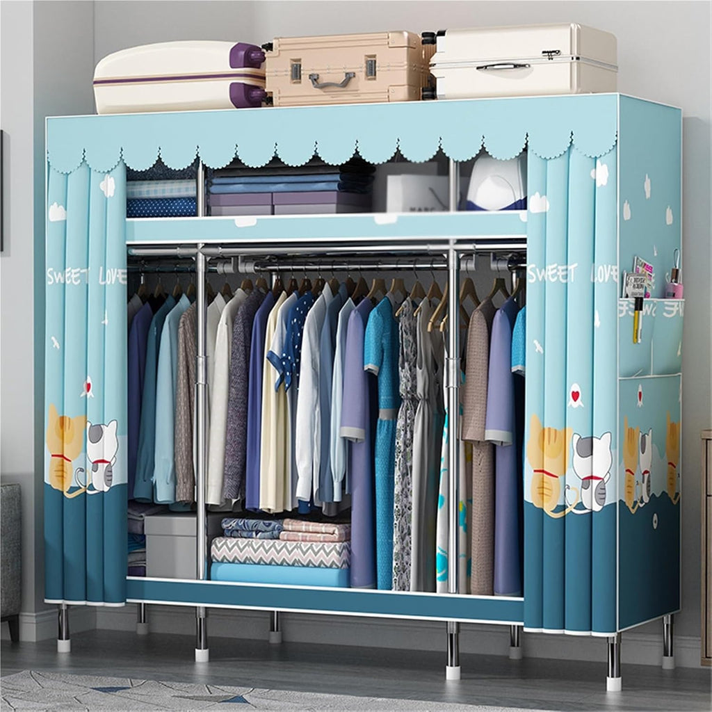 Portable Closets,Covered Clothing Racks For Hanging Clothes, Freestanding Portable Closet,Wardrobe Closet Heavy Duty Garment Rack,Extra Large Clothes Rack With Cover(Blue 2,145cm)