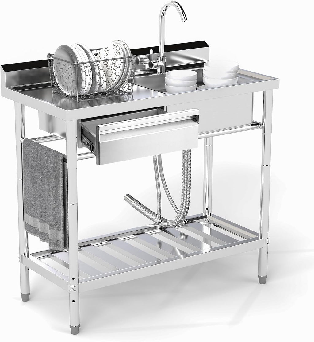 Stainless Steel Utility Sink, 39'' Free Standing Single Bowl Kitchen Sink with Left Drawer, Cold and Hot Water Pipe, Indoor and Outdoor for Laundry Room Farmhouse Kitchen(39 inch)