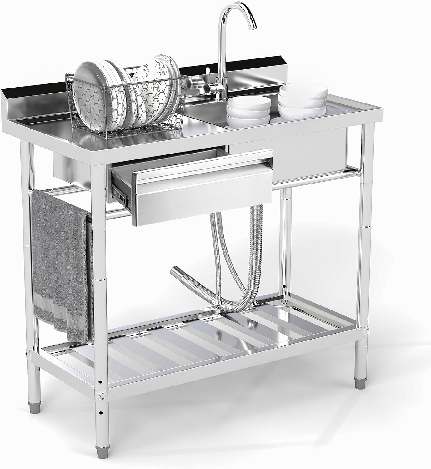 Stainless Steel Utility Sink, 39'' Free Standing Single Bowl Kitchen Sink with Left Drawer, Cold and Hot Water Pipe, Indoor and Outdoor for Laundry Room Farmhouse Kitchen(39 inch)